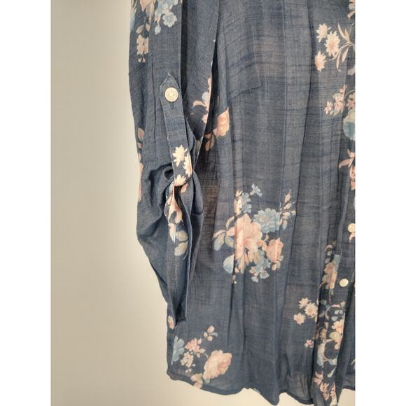 Chico's Blouse Top 1 M Floral Print Button Front Tab Sleeve Boho Blue Peach - Picture 5 of 9